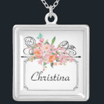 Victorian floral hanging sign wedding pink white silver plated necklace<br><div class="desc">A beautiful victorian antique hanging sign to personalize. Topped with a floral pink bouquet of flowers,  roses and a blue butterfly. Very charming and elegant.</div>