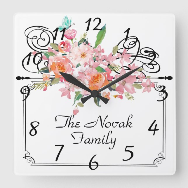 Victorian floral hanging sign wedding square wall  square wall clock (Front)