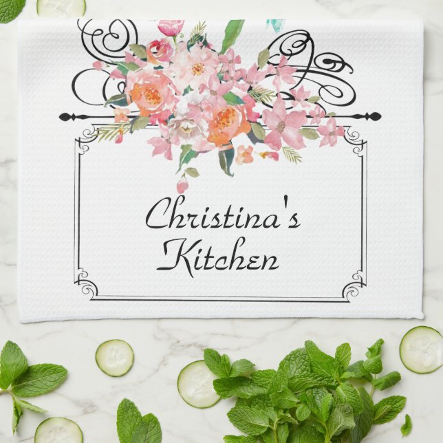 Victorian floral hanging sign white black pink kitchen towel (Folded)