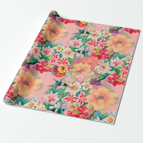 Victorian Floral Hummingbirds Flowers Girly Wrapping Paper