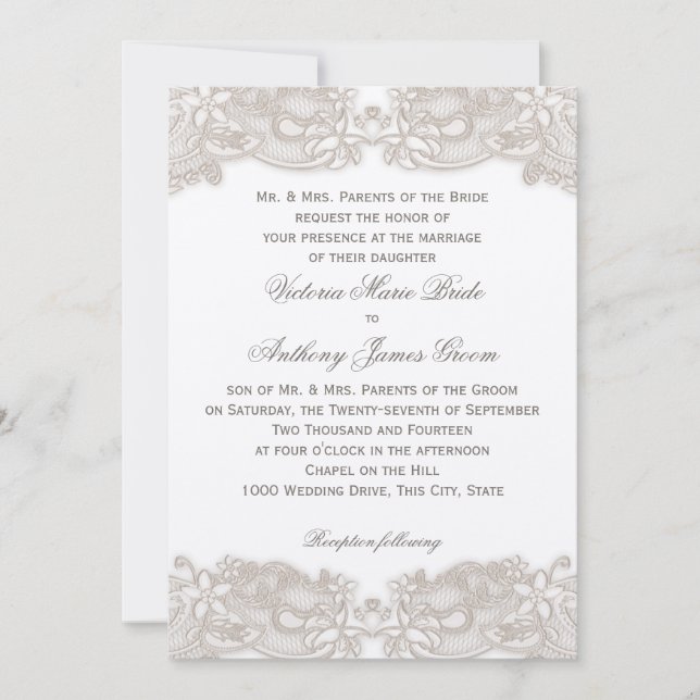 Victorian Floral Lace on White Design Wedding Invitation (Front)