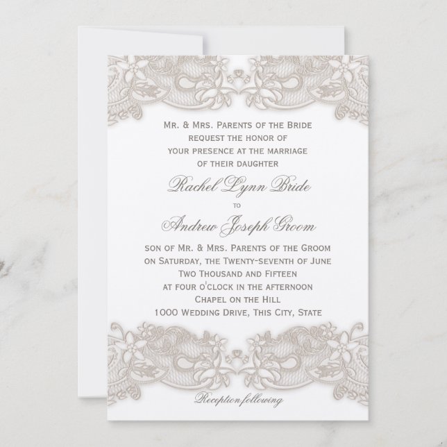 Victorian Floral Lace Taupe and White Invitation (Front)