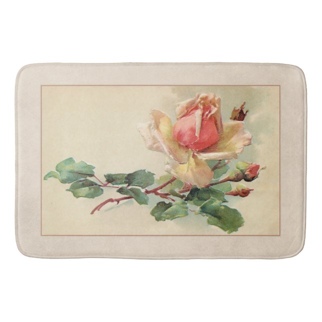 Victorian Floral Pastel Peach Roses Bathroom Mat (Front)