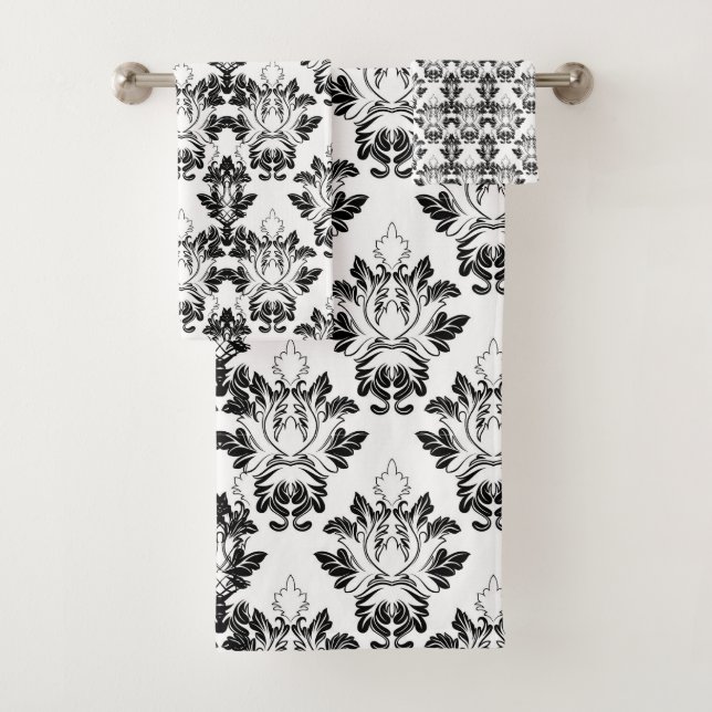 Victorian Floral Pattern Seamless Black White Bath Towel Set (Insitu)
