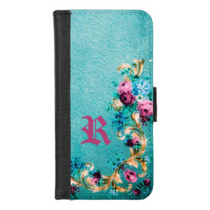 Victorian floral rose elegant scroll teal purple iPhone 8/7 wallet case