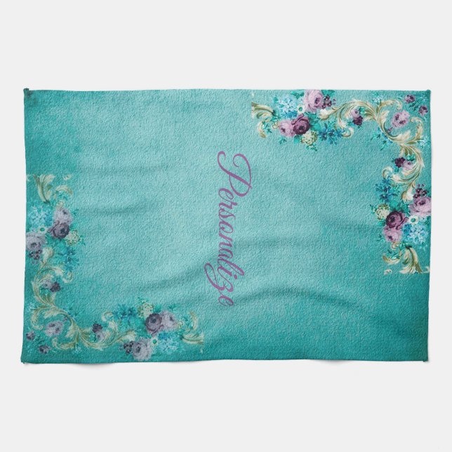 Victorian floral rose elegant teal purple pink kitchen towel (Horizontal)