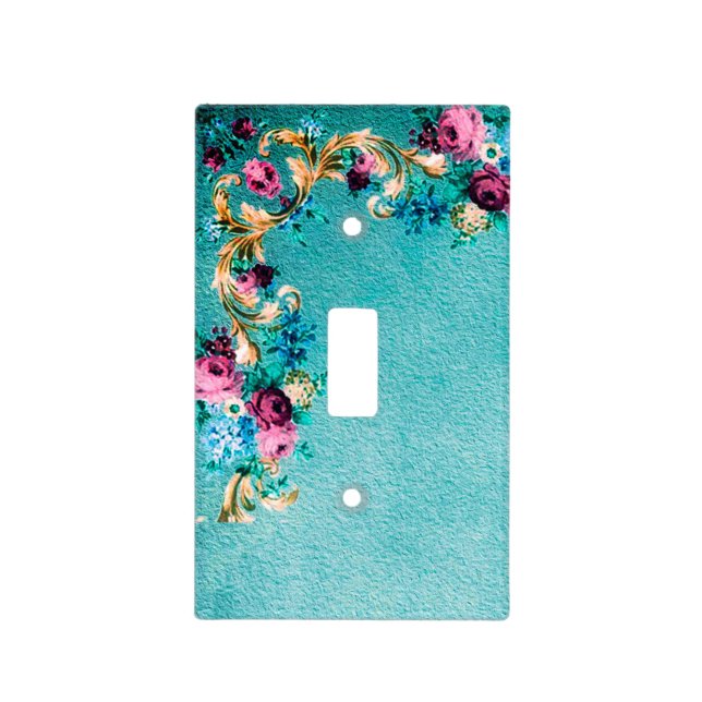 Victorian floral rose elegant teal purple pink light switch cover (Front)