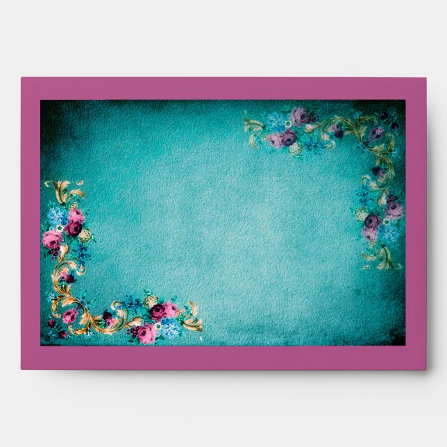 Victorian floral rose flowers elegant teal pink envelope (Front)