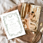 Victorian Floral Sage Green Photo French Wedding  Save The Date<br><div class="desc">Announce your special day with a Victorian-inspired floral save the date in elegant sage green. This French-inspired design features intricate floral patterns that evoke timeless romance and sophistication. The soft dusty blue color adds a serene and refined touch, perfect for setting the tone of a classic and elegant wedding. Ideal...</div>
