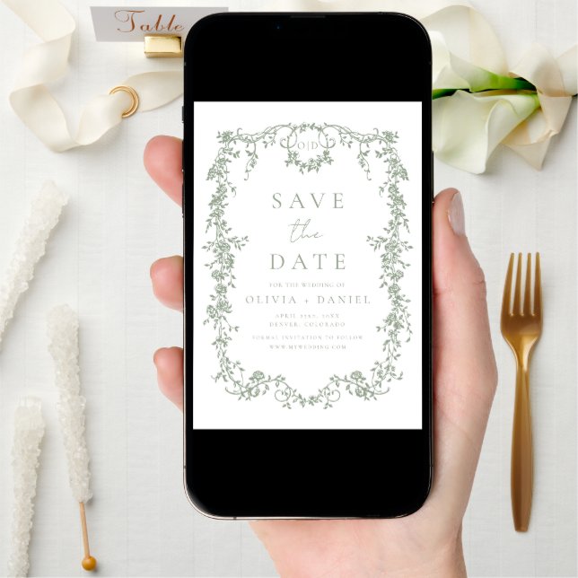 Victorian Floral Sage Green Photo French Wedding  Save The Date (Front Digital)