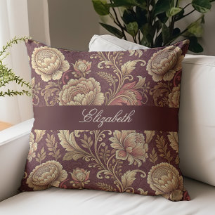 Victorian Floral Script Monogram Name Burgundy Throw Pillow