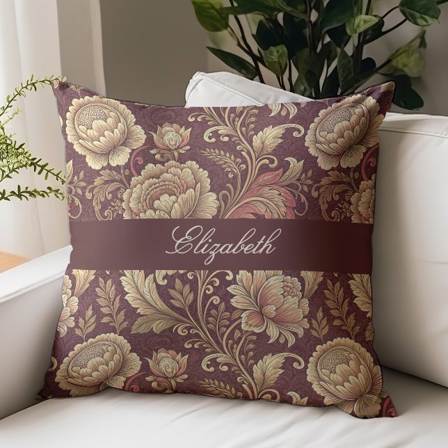 Victorian Floral Script Monogram Name Burgundy Throw Pillow (Creator Uploaded)