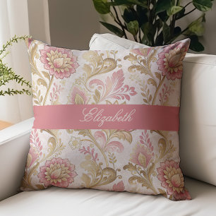 Victorian Floral Script Monogram Name Pink Gold Throw Pillow