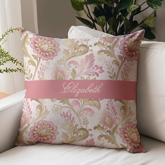 Victorian Floral Script Monogram Name Pink Gold Throw Pillow (Creator Uploaded)