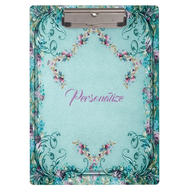 Victorian floral scroll elegant teal purple  clipboard (Front)