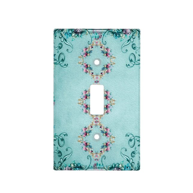 Victorian floral scroll elegant teal purple pink light switch cover (Front)