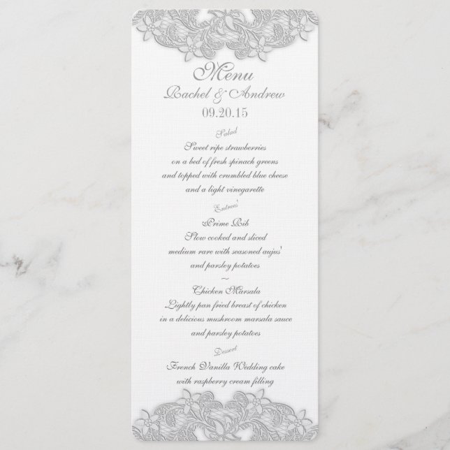 Victorian Floral Silver Gray Menu Card (Front)