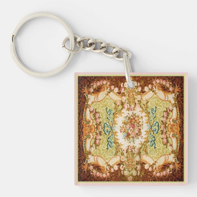 Victorian floral tapestry look brown pink green keychain (Front)