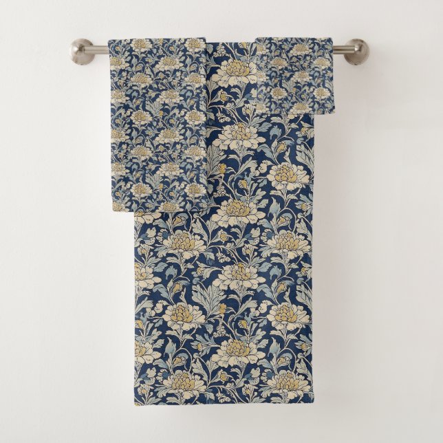 Victorian Floral Towel Set – Indigo Chrysanthemum  (Insitu)