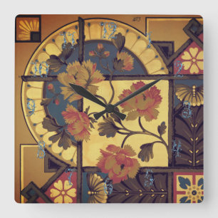 Victorian floral wallpaper frieze blue brown red square wall clock