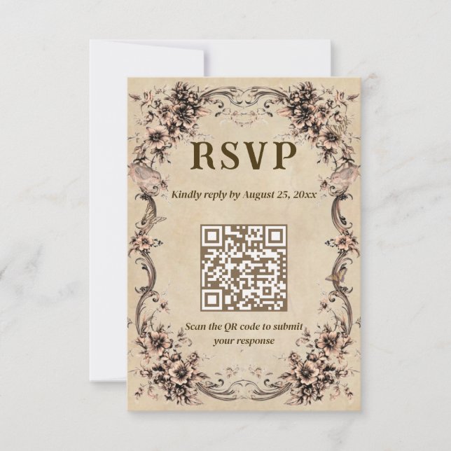 Victorian Floral Wedding QR Code RSVP Card (Front)