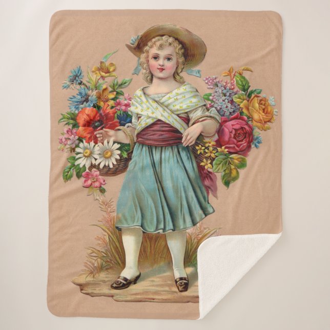 Victorian flower girl print sherpa blanket (Front)
