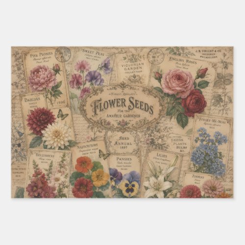 VICTORIAN FLOWER SEED EPHEMERA | VINTAGE BOTANICAL WRAPPING PAPER SHEETS