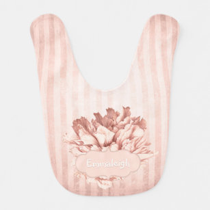 Victorian Flower Stripe Blush Pink Monogrammed Baby Bib