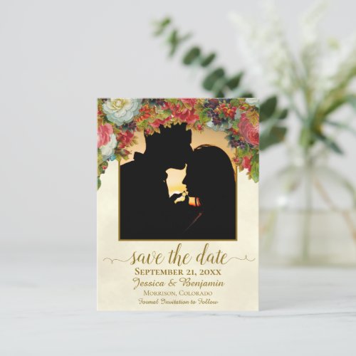 Victorian Flowers wPhoto Wedding Save the Date Announcement Postcard