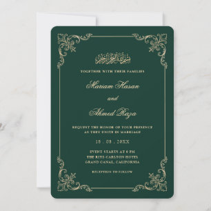 Victorian Frame Gold Emerald Green Muslim Wedding Invitation