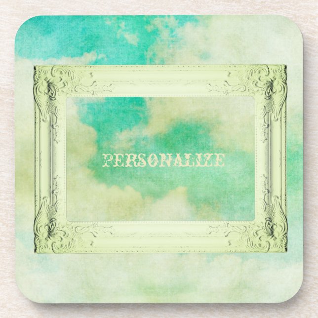 Victorian frame sky clouds painting elegant teal beverage coaster (Front)