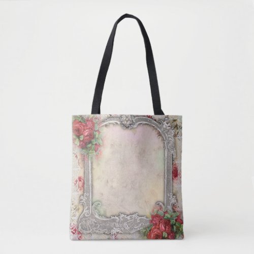 Victorian Frame w Red Roses silver ivory lace Tote Bag