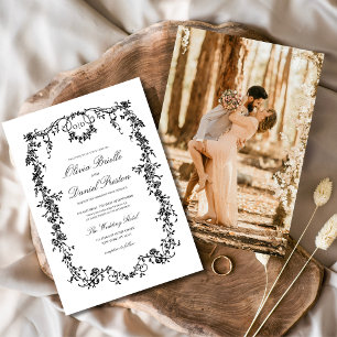 Victorian French Black Photo Monogram Wedding Invitation
