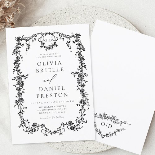 Victorian French Black White Wedding Monogram Invitation