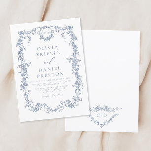 Victorian French Blue Floral Wedding Monogram Invitation