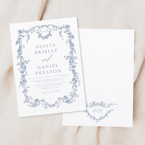 Victorian French Blue Floral Wedding Monogram Invitation
