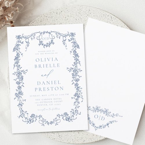Victorian French Blue Floral Wedding Monogram Invitation