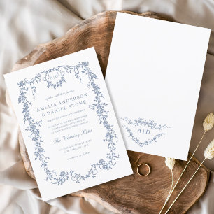 Victorian French Blue Floral Wedding Monogram Invitation