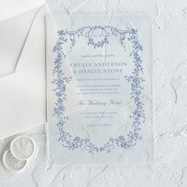 Victorian French Dusty Blue Vintage Wedding Acrylic Invitations (Creator Uploaded)