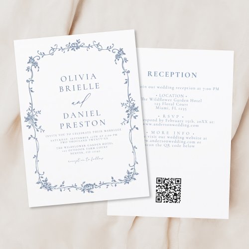 Victorian French QR Code Blue Vintage Wedding Invitation