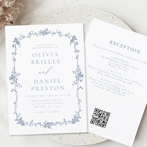Victorian French QR Code Blue Vintage Wedding Invitation