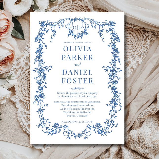 Victorian French Royal Blue Wedding Monogram Invitation (Creator Uploaded)