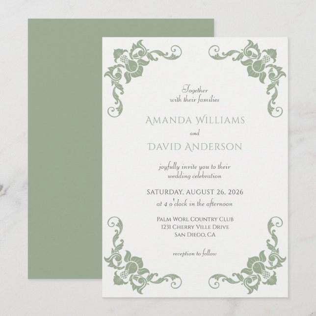Victorian French Sage Green Wedding Invitation (Front/Back)