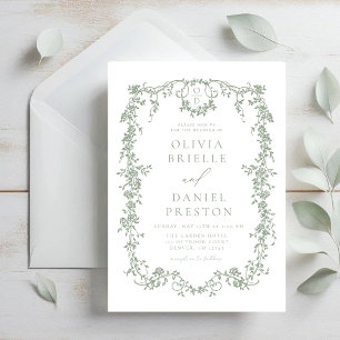 Victorian French Sage Green Wedding Monogram Invitation