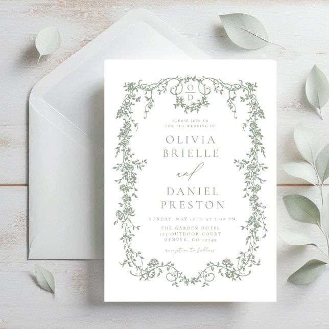 Victorian French Sage Green Wedding Monogram Invitation (Creator Uploaded)
