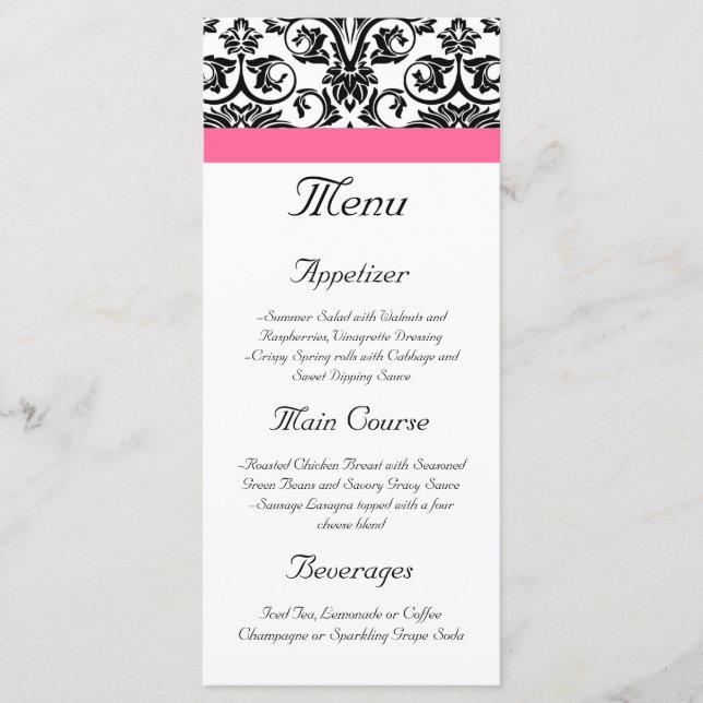 Victorian Fuchsia Pink and White Damask Menu (Front)
