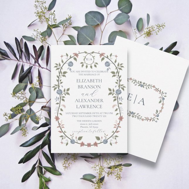 Victorian Garden Dusty Blue Monogram Invitation (Creator Uploaded)