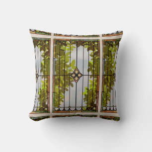 Victorian Garden Stained glass Window Curtain Throw Pillow