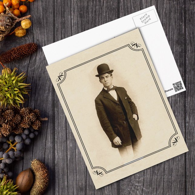 Victorian Gentleman Postcard (Black White photo of Victorian era man in suitcoat and hat in ornate frame on tan postcard.)