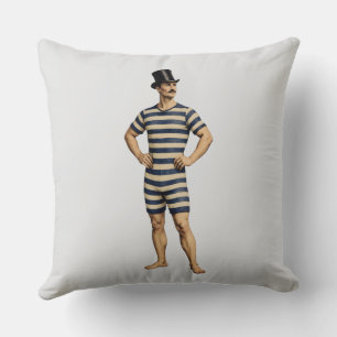 Victorian Gentleman Swimmer Striped Bathing Suit Throw Pillow